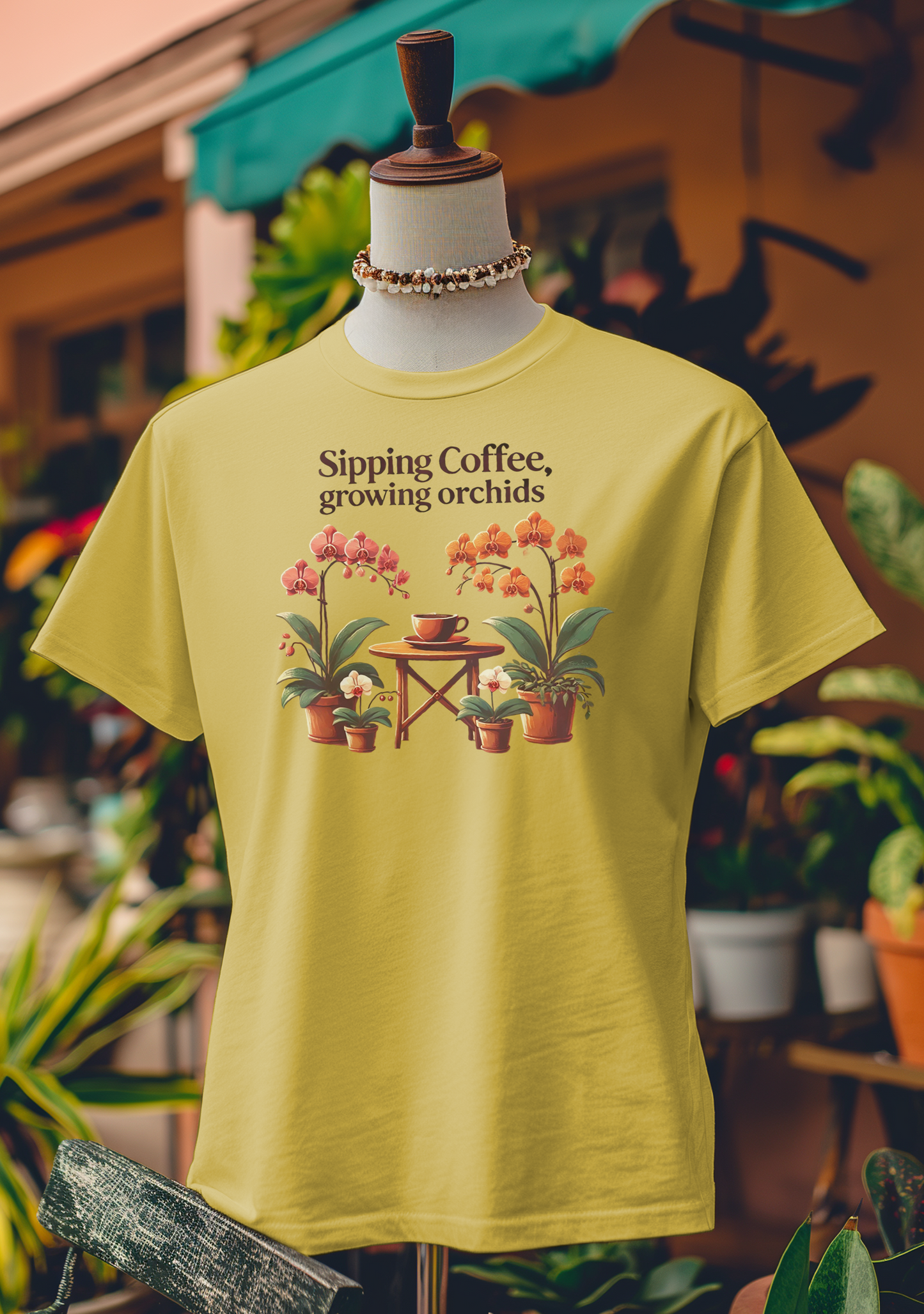 Sipping Coffee, Growing Orchids T-Shirt