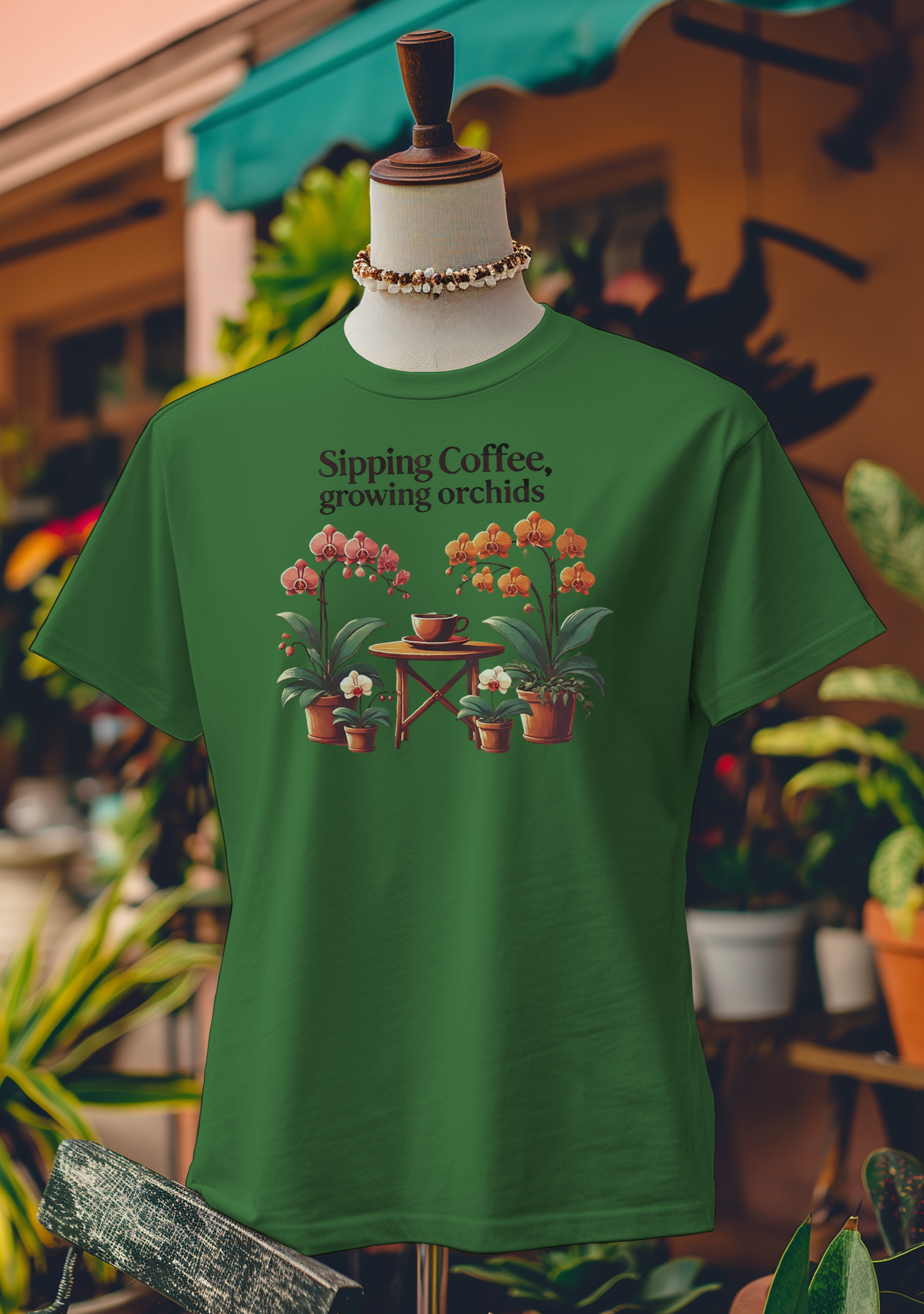 Sipping Coffee, Growing Orchids T-Shirt