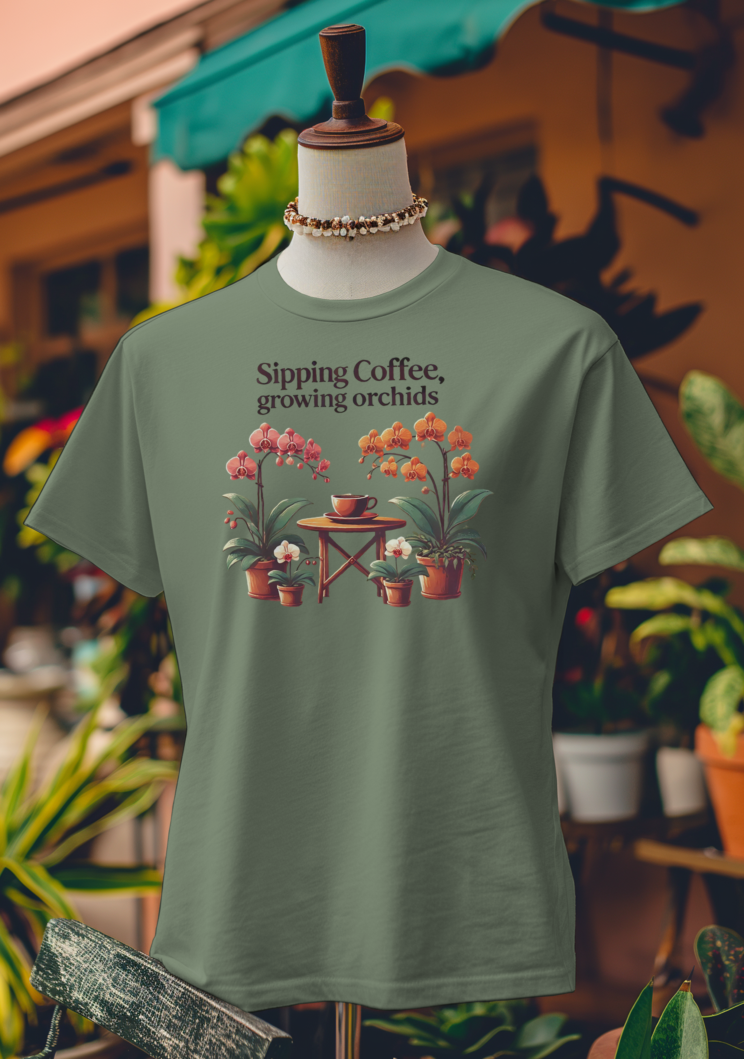 Sipping Coffee, Growing Orchids T-Shirt